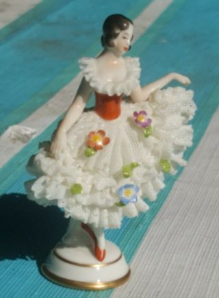 German 1762 Volkstedt Dresden Lace Porcelain Ballerina Miniature Lady figurine 2