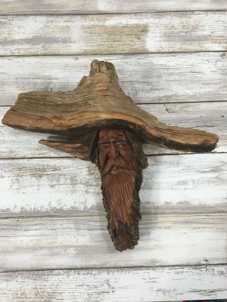 Vintage Folk Art Wood Carved Old Man Spirit Face Tree Nature