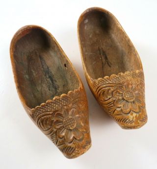 Vintage Small Carved Wooden Shoes,  Marked 1918