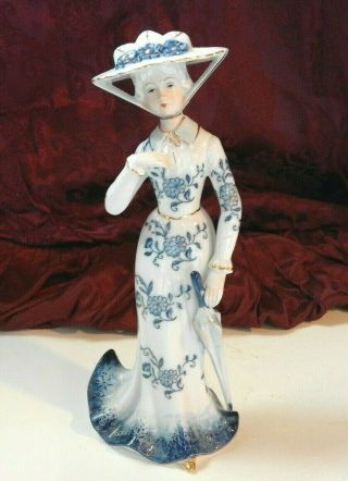 Vintage Kpm Blue And White W/ Gold Trim Woman W/ Umbrella Porcelain Figurine