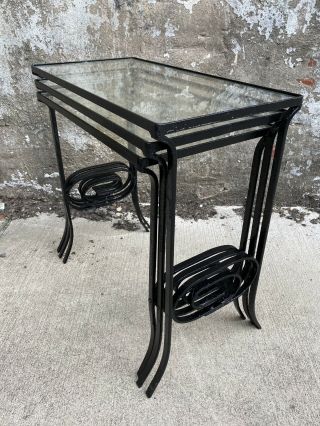 Set Of 3 Vintage 1950s - 60s Metal & Glass Black Ornate Nesting Tables 2