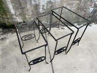 Set Of 3 Vintage 1950s - 60s Metal & Glass Black Ornate Nesting Tables 3