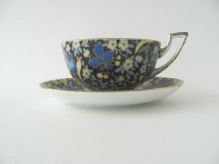 Antique Art Deco Atlas Tea Cup & Saucer Set Black With Blue & Yellow Flowers