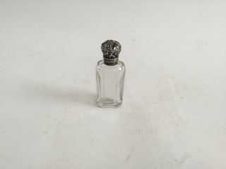 Vintage Cut Crystal Perfume / Scent Bottle W / Hinged Silver Plated Repousse Lid