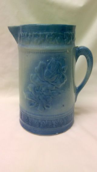 Antique Blue And White Salt Glaze Stoneware Pitcher " American Beauty Rose "