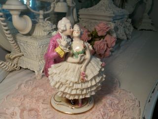 Vintage Dresden Lace Germany Porcelain Man & Woman Couple Figurine W/ Roses