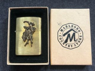Vintage Zippo Brass Marlboro Lighter W/ Box Unfired Nos 1994 Bronco Cowboy