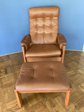 Vintage Mid Century Ekornes Leather And Teak Lounge Chair And Ottoman