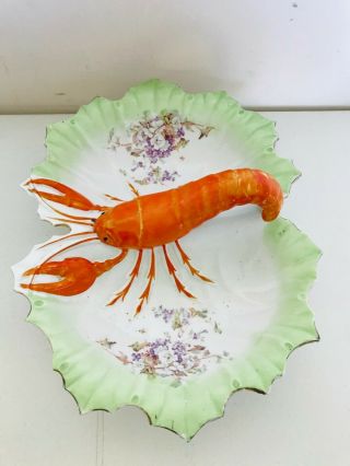 Vintage Orange Lobster Seafood Porcelain Divided Serving Dish Floral Green 14 "