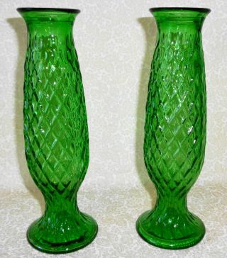 Vintage Green Glass Bud Vases (2) Diamond Pattern 8 1/2 " Tall