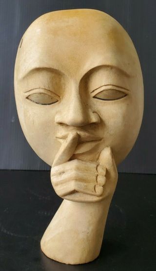 Vintage Mid - Century Modern Hand Carved Wood Sculpture Odd Whimsical Face Figure