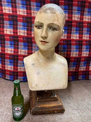 Vintage 1940s Chalkware Rare Male Mannequin Head Bust Life Size Store Display