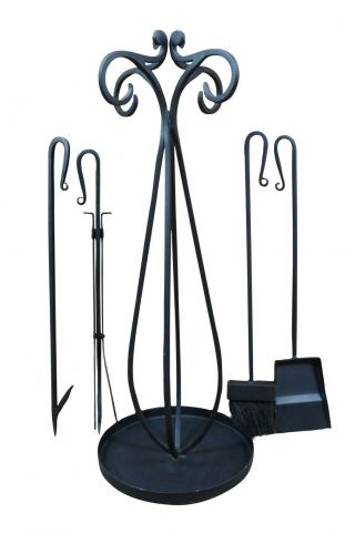 Vintage 5 Piece Black Wrought Iron Scrolled Fireplace Tool Set W Stand