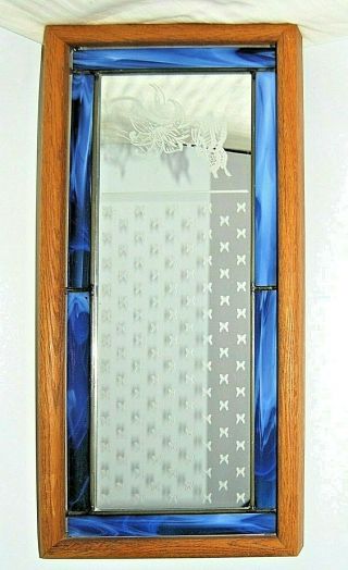 Vintage Wood Frame Blue Slag Stained Glass White Painted Butterfly Mirror 21 " T