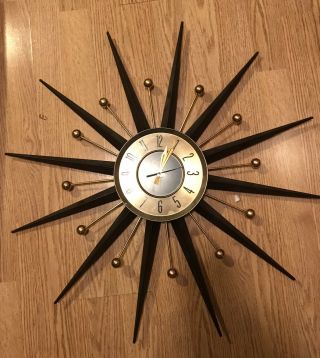 Vintage Mid Century Modern Welby Starburst Wall Clock Metal 25 "