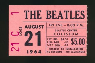 Beatles Vintage 1964 Seattle Center Coliseum Concert Ticket Stub Hot Pink Vers