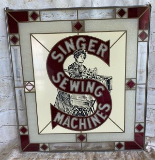 Vintage Singer Sewing Machines 17.  5”x16” Hanging Glass Advertising Sign
