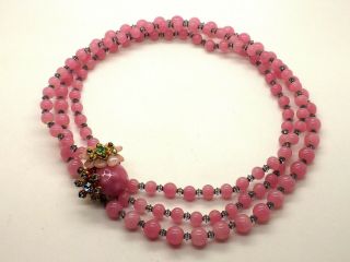 Rare Vintage Signed Miriam Haskell Pink Bead Necklace W/ Rhinestones