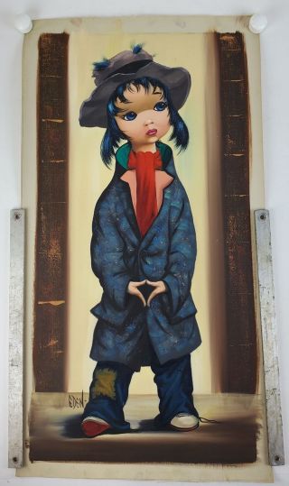 Vtg Eden Big Eyed Hobo Girl Painting Oil On Canvas Kean Igor Era 1960s