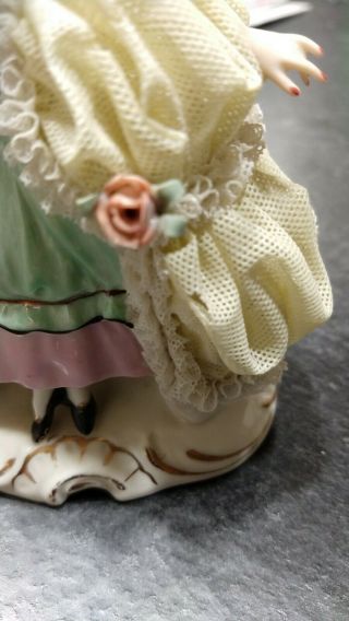 Dresden Lace Figurine Victorian Woman German Germany vintage holding floral hat 2