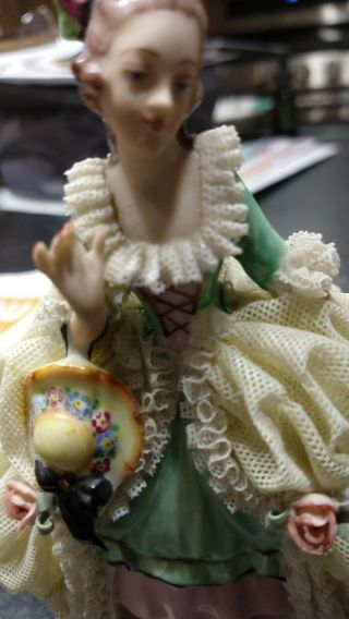 Dresden Lace Figurine Victorian Woman German Germany vintage holding floral hat 3