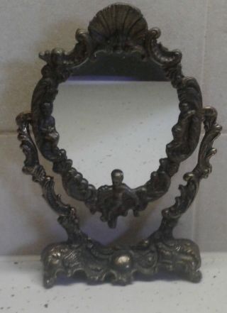 Vintage Small Ornate Tilting Brass Metal Mirror With Three Cherubs