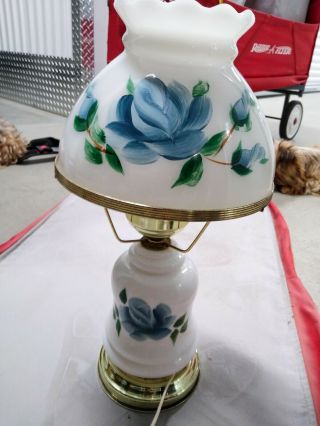 Vintage Lamp White With Hand Painted Blue Flower.  Electrified White Glass.