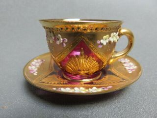 Cranberry Glass Mini Bohemian Tea Cup And Saucer Extensive Gold Hp Flowers Moser