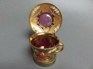 cranberry glass mini Bohemian tea cup and saucer extensive gold HP flowers Moser 3
