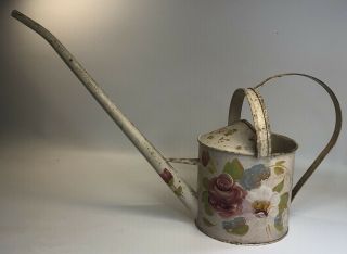Vintage Metal Watering Can Hand Painted Flowers Chic Shabby 1 Quart Tole Ware