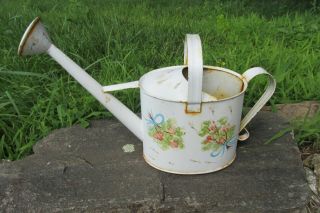 Vtg French Country Tole Watering Can Hand Painted Floral Metal Tin Small 14 X 7