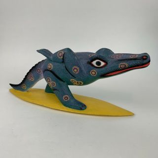 Unique Art Deco Carved Wood Figurine Alligator On A Surfboard
