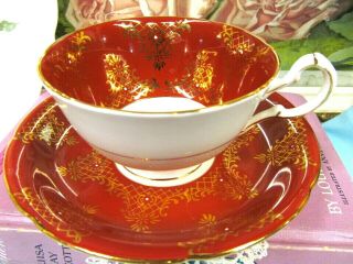 Royal Grafton Tea Cup And Saucer Burnt Orange Beaded Gold Gilt Teacup 1940 
