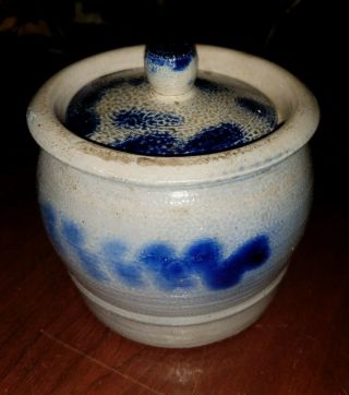 Antique Westerwald German Stoneware Covered Small Jar Cobalt Blue Decoration