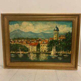 Vintage Framed Oil Painting European Landscape Coast With Sailboats Signed