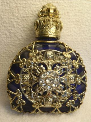 Vintage Czech Cobalt Blue Gold Metal Filigree Perfume Bottle Crystal Accents