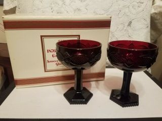Vintage Avon Cape Cod " Saucer Champagne Glass Set Of 2 " Ruby Red Glass