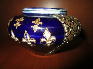 Antique French Cobalt Blue Porcelain Gold Fleur De Lis Hand Painted Enamel Vase