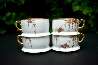 Antique Soko China Tea Cups Set 4 Rare Stacking Cascade Blossoms Gold & Auburn