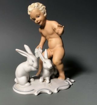 Vintage Schaubach Kunst Porcelain Figurine Nude Boy Putti Cherub W Bunny Rabbits