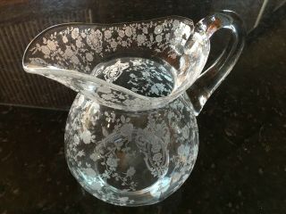 8 " Pitcher Vintage Etched Floral Clear Glass,