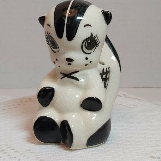 Vintage White Ceramic Hand Painted Black Skunk Figurine / Planter / Pen Holder