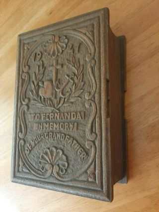 Vintage Folk Art Carved Oak Wood Bible Box,  Sacred Heart,  Anchor,  Intricate