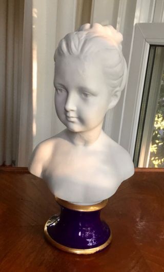 Vintage White Bisque Bust Of A Girl On Blue And Gold Pedestal
