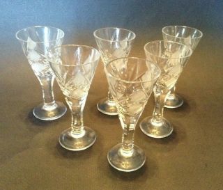 Set Of 6 Small Etched Clear Crystal Stemmed Liqueur Glasses - Vintage Bar Ware