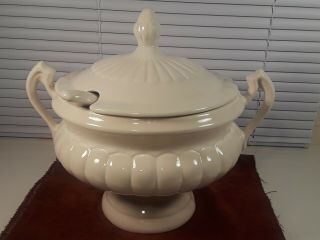 Large White Footed Soup Tureen With Lid & Ladle