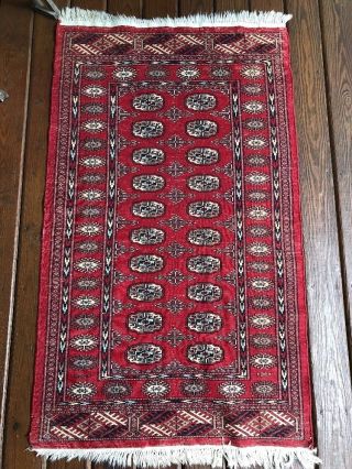 Vintage Red Wool Rug 3 X 5 Traditional Afghan Bokhara Afghani Fringed Worn Areas