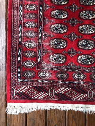 Vintage Red Wool Rug 3 x 5 Traditional Afghan Bokhara Afghani Fringed Worn Areas 2