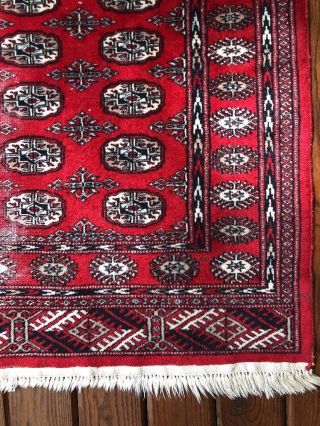 Vintage Red Wool Rug 3 x 5 Traditional Afghan Bokhara Afghani Fringed Worn Areas 3