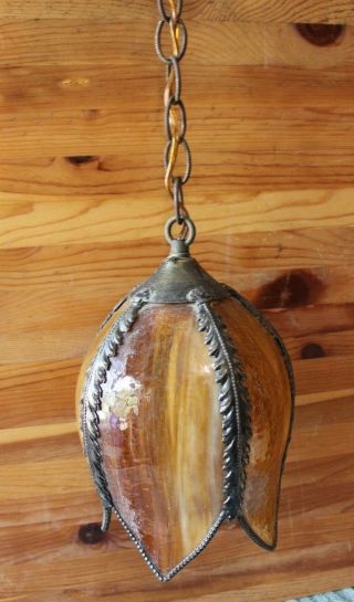 Vintage Leaded Slag Glass Tulip Pendant Lamp Light Fixture Stained Amber Streaky